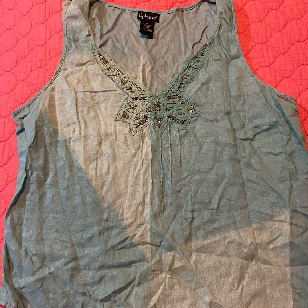 Teal washed out around the to embroidered tank top